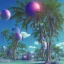 Placeholder: 1980's aesthetic vaporwave palm trees with spheres and ufo