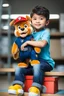 Placeholder: a young boy sitting on a shelf holding a teddy bear, inspired by Ayshia Taşkın, paw patrol, viral photo, medical background, inspired by Farel Dalrymple, press release, 5 years old, bian luan, video, brainwashing, shirt, h 6 4 0, description, uncropped, game maker, baki