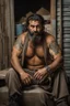 Placeholder: full figure shot photography of a 43-year-old arab angry beefy tattoo very hairy sweaty worker sitting spread-legged in an old sofa inside a construction site shed, big shoulders, boots, dressed in bulging shorts,shirtless, stubble, big manly legs, hairy chest, serious eyes, midnight, dim neon lights illuminating and shine on the beards of sweat that fill his large chest, photorealistic , ambient occlusion, view angle from the ground