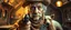 Placeholder: gritty air brush 3d with pen outline,seasoned handsome gunslinger western fluffy elder woman edgy hero with slightly glowing eyes and nudged dented skin in front of glistening space tardigrade dog, shallow depth of field, warm lantern, pin hole cam in darkened doll house space ship, bottom floor board edge border