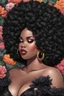 Placeholder: Create an comic drawing image of a plus size black female wearing a black off the shoulder blouse and she is looking down with Prominent makeup. Highly detailed tightly curly black afro. Background of large black flowers surrounding her