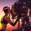 Placeholder: great illustrator, spanish, realistic rendering of a cute spanish girl kissing a cybergirl with helmet, beautiful, steampunk style. Helmet with tubes. Machinery in the background. robotic bird flying. High details. 4k. unreal engine, sunset