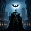 Placeholder: batman Universe, bat signal with gotham city in the background, dramatic, unreal engine, 8K, HD, foggy night, modern neo-gothic buildings lit up,