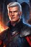 Placeholder: Adult man, Alan Ritchson features, fair complexion, sporting short silver hair, dressed in black and red medieval attire, intense blue eyes, portrait, graphic novel style, digital art, dramatic lighting, high detailed, House of the Dragon