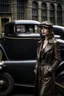 Placeholder: young woman with straight shoulder-length hair, dressed in brown leather trousers and waistcoat, leather gloves and a leather cap in an old industrial courtyard, next to a steampunk steam car