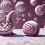 Placeholder: Light pink swirling marble texture,big snail house, centered table & chair,transparent soft shadows, HD 4K Unreal Engine 5 bokeh