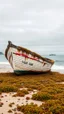 Placeholder: An abandoned boat covered with see weeds on the beach