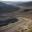 Placeholder: Hours of riding pass. The landscape shifts from rolling hills to a desolate, rocky waste where the vegetation is stunted and blackened, clinging to the soil with a desperate, claw-like grip. The air grows thick with the scent of sulfur and old ash. The terrain turns treacherous. The wide road dissolves into a narrow, winding trail of shale and broken slate that clings to the side of the mountain. The mare grunts, her muscles straining as she navigates the steep ascent, her hooves clicking sharpl