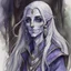 Placeholder: dnd, fantasy, watercolour, large strokes, stylistic, portrait, illustration, dull colours, woman, dark elf, drow, face, narrow long face, weathered face, purple eyes, vicious, smiling, white hair, very long hair streaming down the shoulders, lush hair, elegant, short small mouth, wide smile