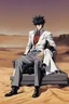 Placeholder: Nicholas Wolfwood Trigun is sitting on a couch in the middle of the desert