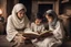 Placeholder: A close-up scene of an Arab mother reading the story from a book with her children around her in the room of the old wooden house near the fireplace 100 years ago.