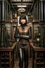 Placeholder: full-length pale dark-haired woman with a straight bob hairstyle with a fringe, in a steampunk leather outfit, and gloves, standing in a laboratory