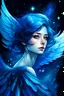 Placeholder: woman with blue wings in space, in the style of the stars art group (xing xing), detailed character illustrations, victorian-inspired illustrations, iridescence/opalescence, detailed facial features, luminous color palette, commission for