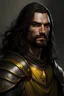 Placeholder: portrait of a handsome 35 year old kahl drogo, long dark hair in a queue, powerful, in armor, yellow eyes