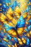 Placeholder: vibrant psychedelic oil painting image, airbrush, 64k, cartoon art image of background YELLOW and BLUE BUTTERFLIES , futurism style