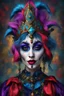 Placeholder: Create a 10d render masterpiece photorealistic hyperealistic image of a gothic goddess jester. Surreal Expressionism. Vibrant multi colours.