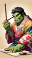 Placeholder: a hulk eating sushi with chopsticks, wearing a colorful kimono, 8