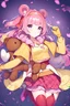 Placeholder: pink hair, yellow cardigan, violet crop top, purple shoes, red tights, orange headband, pink necklace, teddy bear, violet skirt, yellow long gloves