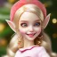 Placeholder: close up on elf as dollie deluxe, bright eyes, post card, toy train, two big front teeth