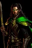 Placeholder: full length, mantle, black background, black with, holding a spear in his hand, dark green eyes, the character is not too close to the camera