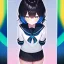 Placeholder: Clear focus,High resolution, Black and Rainbow short fluffy hair, and rainbow eyes, wearing a sailor uniform, must wear a short skirt with a horizontal line, you can only see her from the back, putting on sweater midway