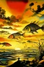 Placeholder: Radiant fishes with large scales flying in the sunset by Dali