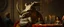 Placeholder: portrait painted by Rembrandt, stupid looking furry dragon rhino at banquet