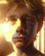 Placeholder: A realistic close up portrait of a cute teen boy with honey brown eyes and golden blond hair, innocent and thoughtful, gazing into the camera, a hint of facial hair, wearing sleeveless shirt, inside an empty room with warm glowing sunlight streaming in, detailed, high definition, 4K, 8K, quality render