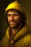 Placeholder: A man in his early fourties, innocent round face, short brown beard, brown slanted eyes, fur hat, curly brown hair in a ponytail, warm smile, dark skin, in a dark yellow robe, realistic epic fantasy style