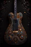 Placeholder: deep dark luminescence rich colors, reminiscent of abstract luxury, minimalist abstract pattern with dots and lines, clean with some abstract elements, with dark colors, trending on artstation, sharp focus, studio photo, intricate details, highly detailed, by Gustav Klimt, Make a picture of the guitar. The guitar must be electric. The guitar must be big. The guitar must be upright. . The guitar should have light notes on the back. The guitar should have a dream design. The guitar must have the s