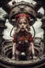 Placeholder: Closeup cute girl with little monster, fullbody, dieselpunk, valves rising from the ground, the perspective looking up from the bottom of an empty well , 8k, macro photography by <John Kenn Mortensen>, darkred tones,