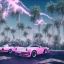 Placeholder: 1980's aesthetic vaporwave palm trees and spheres and Porsche with lightning