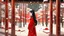 Placeholder: A slender Asian woman with long, straight black hair, wearing a red kimono, standing in a serene forest of wooden cubes with paper-screen niches and windows, during a light snowfall in winter.