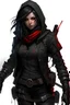 Placeholder: Light tan skin tone, female, age 20s, red eyes, black hair in a messy braid, black and grey hero costume, blood needles as weapon, black shoes, gloves on hands, carries guns on her hip, anti-hero, wears leather jacket with a hood