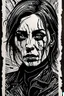 Placeholder: create an abstract, deeply powerful tragic and evocative, full body woodcut of a raw and weathered gothpunk female with highly detailed and deeply cut facial features, lost in a horrific post apocalyptic world, in the style of KATHE KOLLWITZ , searing lines and forceful strokes