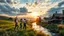 Placeholder: a group of young ladies in sports pants and blouse are dancing to camera in village over high grassy hills,a small fall and river and wild flowers at river sides, trees houses ,next to Ripe wheat ready for harvest farm,windmill ,a pretty train is leaving station along river,a few village local shops ,cloudy sun set sky