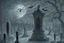 Placeholder: Cemetery with a ghostly figure looming over the scene, hauntingly beautiful, intricately detailed, monochromatic color scheme, dark and ominous