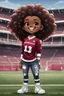 Placeholder: A sassy thick-lined airbrush cartoon image of a black chibi girl standing in front of a football stadium. She is wearing a University of South Carolina football jersey with tight white jeans and timberland boots. behind her curvy body. Looking up coyly, she grins widely, showing sharp teeth. Her poofy hair forms a mane framing her confident, regal expression. Prominent maekup with hazel eyes. Hair is highly detailed.