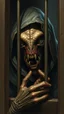 Placeholder: Bosch painting style nightmares, a scary alien creature with hood screaming and locked in behind bars , in dark prison environment with dim lights like 1800 prisons .