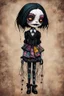 Placeholder: full color, full body illustration of a dark menacing Victorian goth vampire girl, ala Wednesday Addams, as a decayed, broken, crude homemade patchwork cloth doll toy, with contrast stitching across her patchwork face, hair made from ragged strips of cloth, art in the style of Alex Pardee