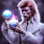 Placeholder: david bowie, mystical light, male model, white owl, Jim Henson's The Labyrinth, Jareth the goblin king, crystal ball in hand