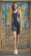 Placeholder: beautiful anorexic young woman, total shot, short shiny anthracite triathlon swimsuit, short brunette wavy bob hair, blurred city background