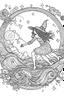 Placeholder: A witch flying on her broomstick across a starry night sky. . Outline, sketch style, only use outline, mandala style, clean line art, white background, no shadows, no clear wall, coloring page.