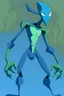 Placeholder: This new alien from the Ben 10 cartoon looks like an alien with an advanced and amazing appearance. He is distinguished by his slender and flexible body, which indicates his high alien capabilities. His skin appears light blue, adding to his feral character