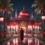 Placeholder: Hyper Realistic people outside beautiful maroon decorated mosque with garland lights & sky lanterns at rainy night with palm trees, grass patches & water fountains