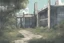 Placeholder: police station, overgrown, post-apocalyptic, comic book, city background