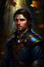 Placeholder: Portrait of an D&D bard adventurer with blue eye color, brown hair, solo, pinup, wearing classic adventuring leatherarmor, realistic eyes, male, solo, canvas painting, dark colors, realistic Rembrandt lighting, dark forest background