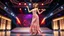 Placeholder: full body shot of a very beautiful Azeri lady with makeup and bob hair, wearing a pretty jewelled long skirt and heels, dancing gracefully on a modern stage with luxury structure and dynamic color lights.