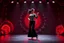 Placeholder: modern stage with gray-dark red theme artistic decoration , color full dynamic lighting, a beautiful lady in pants and blouse with shining silver jewels dancing, 3D recursive fractal structure animating background