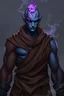Placeholder: Generate a male air genasi from dungeons and dragons. Muscular build Wearing full monk clothing. he should have dark blue skin with a purple scar across his face. no hair but purple crystal barely breaking through his scalp. his eyes should be black. He has a pained look. He has a smokey aura
